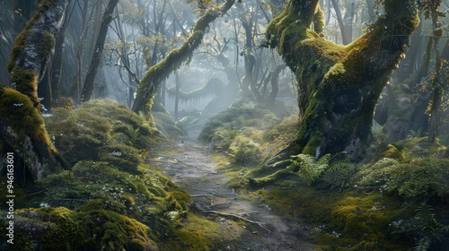 A weathered trail leading through an ancient, untouched forest, with moss-covered trees and a soft, misty atmosphere, inviting explorers to discover a hidden world