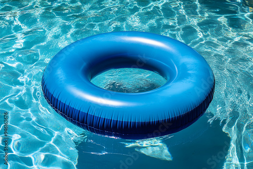 Inflatable ring floating on water in above ground swimming pool, closeup
 photo