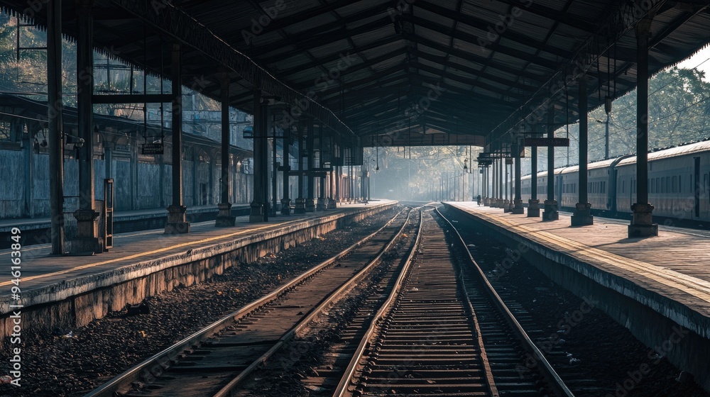 Desolate Indian Railway Station: An empty railway station in India, with long platforms, silent tracks Desolate Indian Railway Station: An empty railway station in India, with long platforms, silent tracks