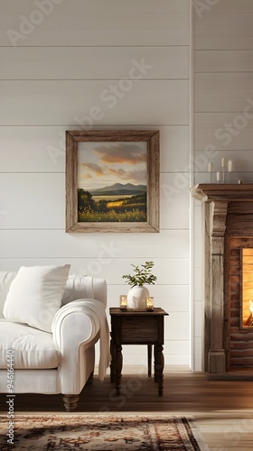 Inviting Farmhouse Inspired Living Room with White Shiplap Walls Plush Linen Sofa Distressed Wood Side Table and Warm Fireplace Glow in a Peaceful 3D Rendering