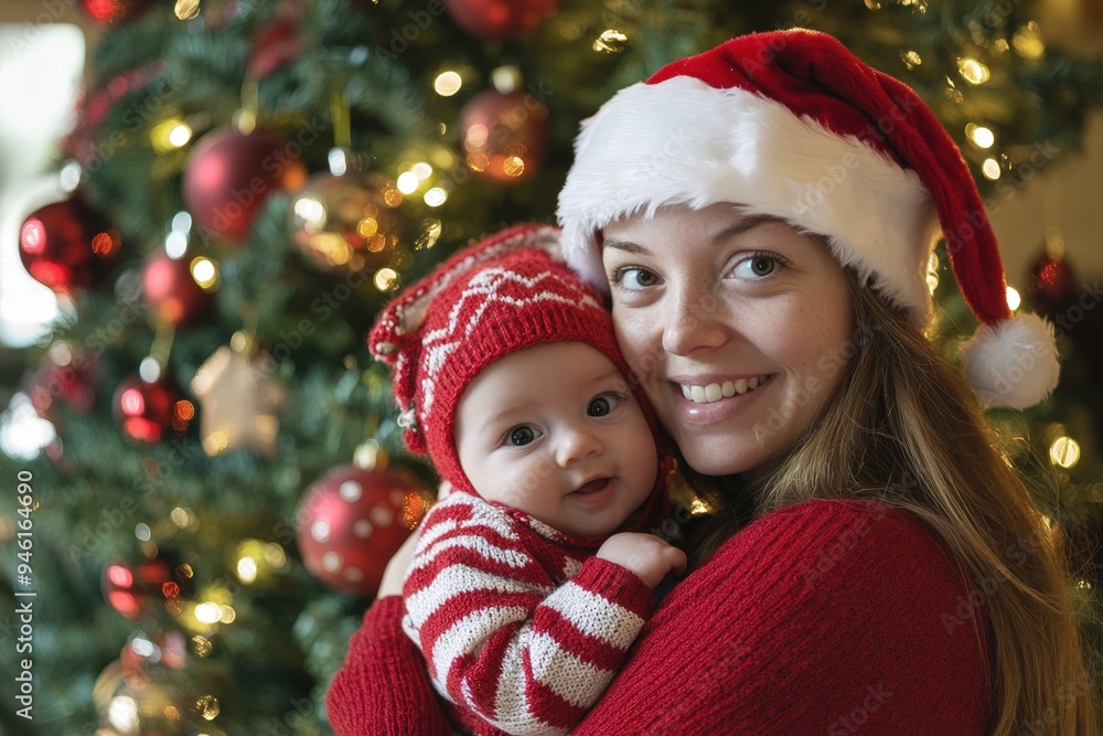 A woman wearing a Santa Claus hat holding a baby A woman wearing a Santa Claus hat holding a baby