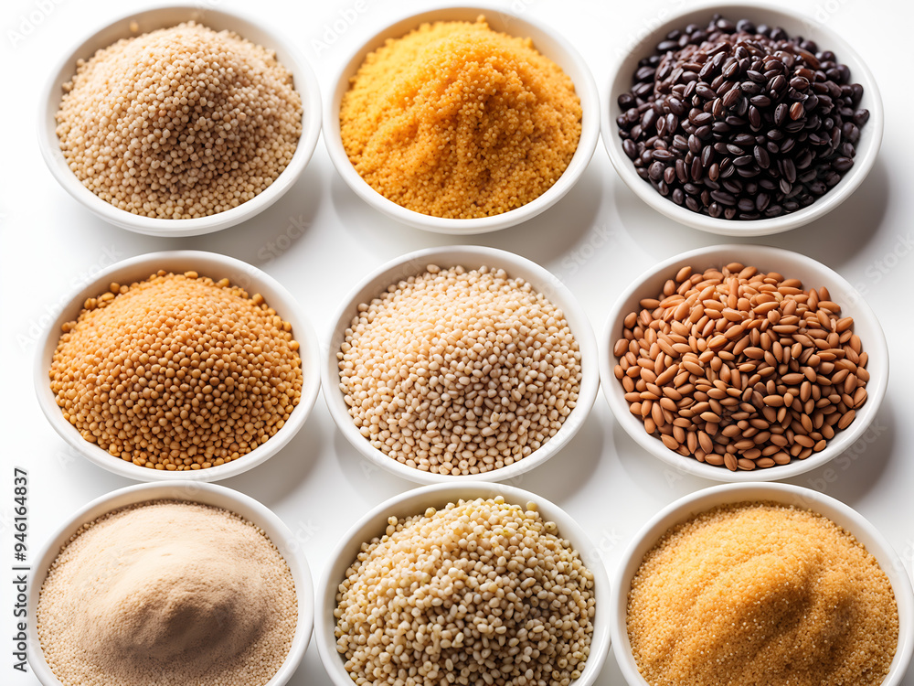 Assortment of Various Grains on White Background: Barley, Quinoa, Millet, Job's Tears, Bulgur Wheat
Assortment of Various Grains on White Background: Barley, Quinoa, Millet, Job's Tears, Bulgur Wheat