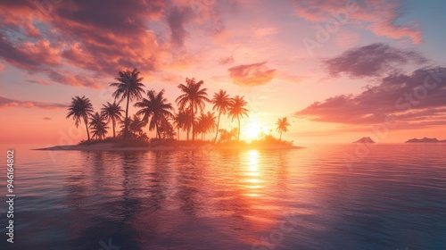 Tropical island bathed in the warm glow of sunset, with palm trees and calm waters creating a peaceful, secluded atmosphere