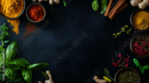 Wallpaper Mural Colorful herbs and spices on a black background. copy space., Ayurvedic  Torontodigital.ca