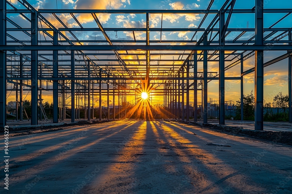 This is a construction site for a large residential commercial building, some floors of which have already been built. Metal structure with a sunset sky as a background. This is a construction site for a large residential commercial building, some floors of which have already been built. Metal structure with a sunset sky as a background.