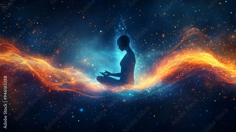 A person is sitting in the middle of a wave of light and stars A person is sitting in the middle of a wave of light and stars