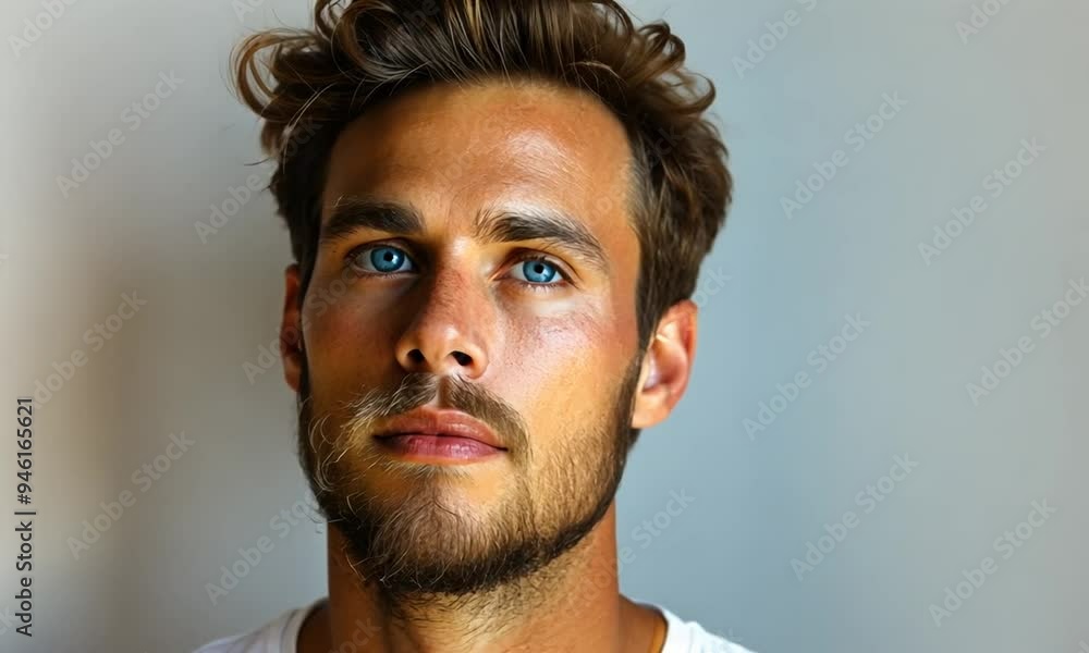 A young man looks up with intense blue eyes, lost in thought. His expression reflects contemplation in a minimalist setting, evoking inspiration and serenity A young man looks up with intense blue eyes, lost in thought. His expression reflects contemplation in a minimalist setting, evoking inspiration and serenity