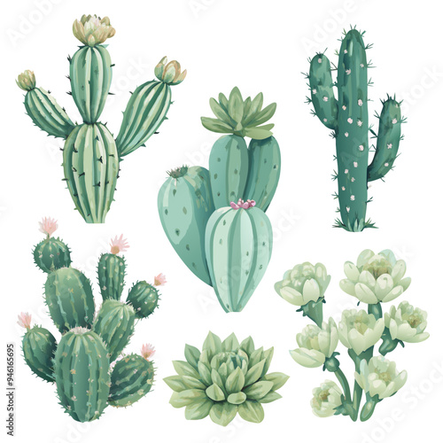 Colorful Collection of Cacti and Succulents in Watercolor Style