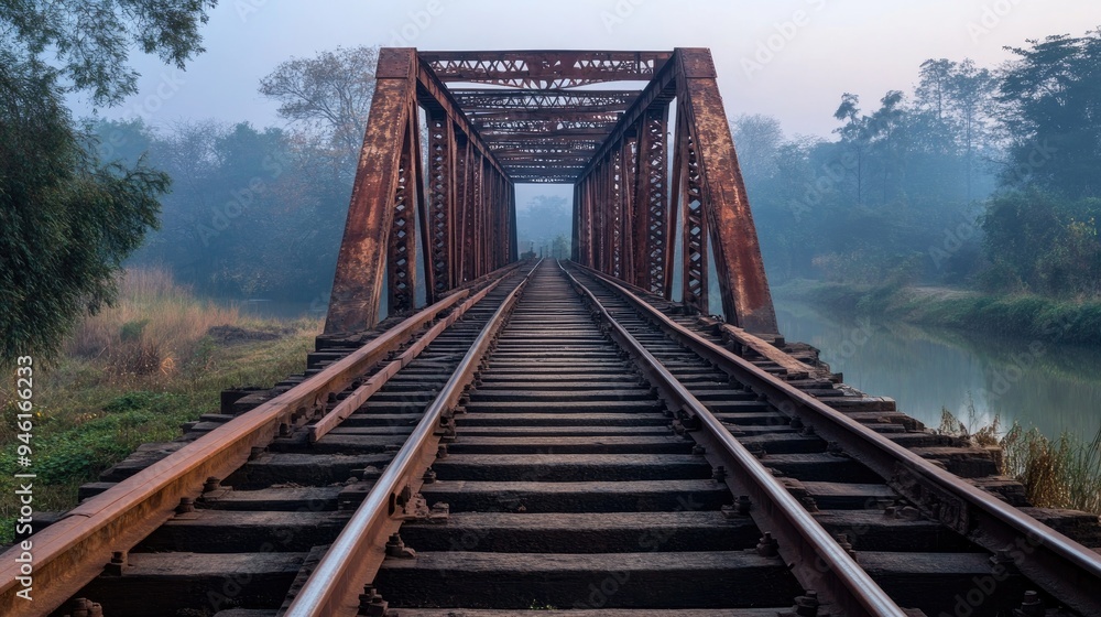 Empty Indian Railway Bridge: A deserted railway bridge spanning a river in rural India, with rusted tracks and a sense Empty Indian Railway Bridge: A deserted railway bridge spanning a river in rural India, with rusted tracks and a sense