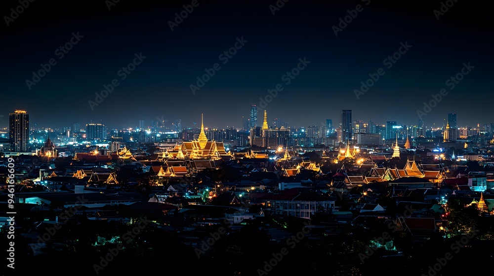 Obraz premium Bangkok Skyline at Night with Golden Temple. generative ai illustration.