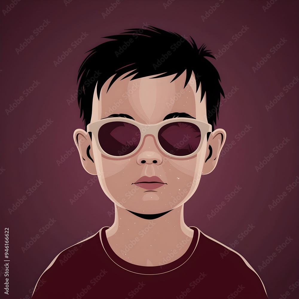 A Minimalistic 2D Illustration Featuring a Young Boy Wearing Oversized Tinted Sunglasses with a Playful Side Smile in Black and Maroon A Minimalistic 2D Illustration Featuring a Young Boy Wearing Oversized Tinted Sunglasses with a Playful Side Smile in Black and Maroon