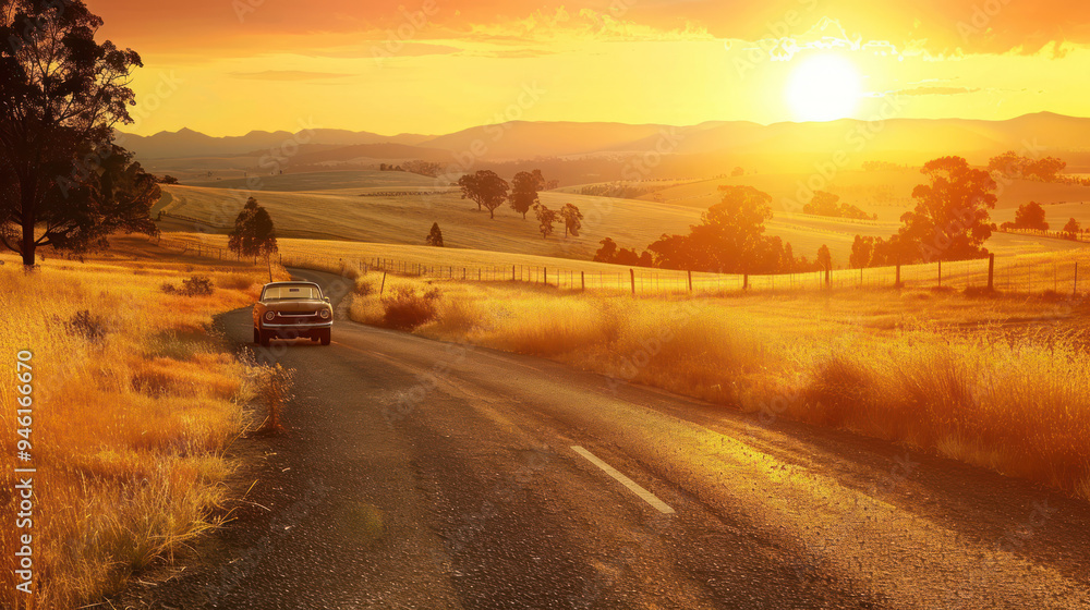 Fototapeta premium A winding country road with a classic vintage car cruising through, surrounded by golden fields and distant mountains, the sun setting, casting a warm glow on the scene