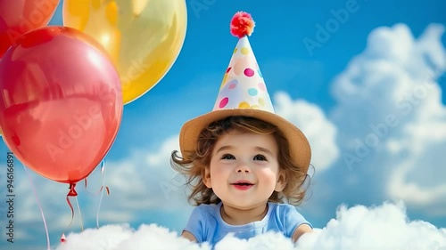 Birthday Joy Little Girl with a Party Hat and Balloons