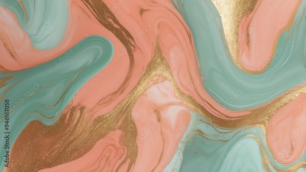 Fototapeta premium Pastel Marble Gold Glitter Swirls in Soft Coral and Mint Green.