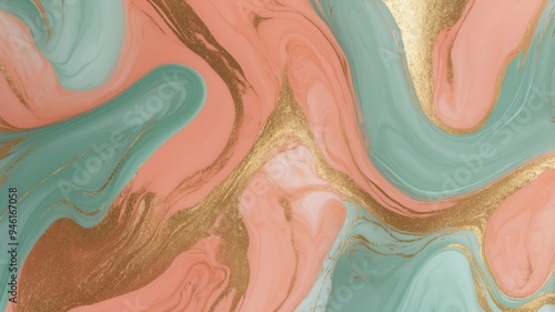 Pastel Marble Gold Glitter Swirls in Soft Coral and Mint Green. photo