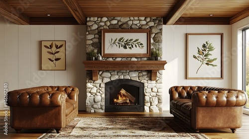 Inviting farmhouse style living room with exposed wooden ceiling stone fireplace with wooden mantel comfortable brown leather Chesterfield sofa and ornate frame mockup for botanical artwork photo