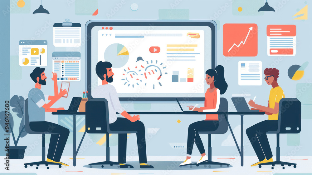 A team meeting in a modern office, with one person presenting social media content ideas on a large screen, while others take notes and contribute A team meeting in a modern office, with one person presenting social media content ideas on a large screen, while others take notes and contribute