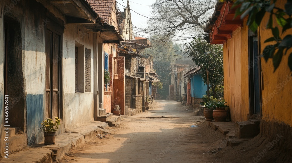 Empty Indian Village Street: A narrow street in a traditional Indian village, with old houses and quiet surroundings Empty Indian Village Street: A narrow street in a traditional Indian village, with old houses and quiet surroundings