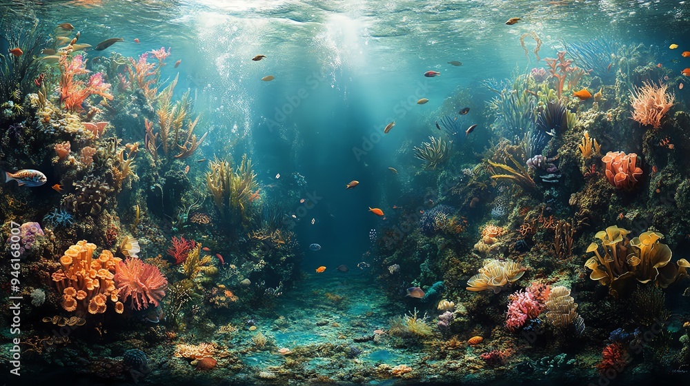 Obraz premium Vibrant underwater scene with colorful coral reef and fish.