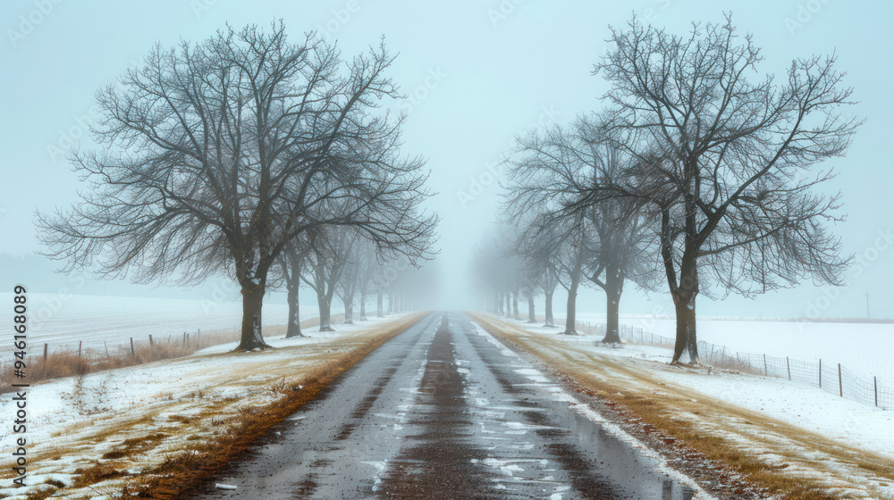 A straight road through an open countryside in winter, lined with bare trees dusted with snow, the road wet from melting ice, and fog rolling in from the horizon A straight road through an open countryside in winter, lined with bare trees dusted with snow, the road wet from melting ice, and fog rolling in from the horizon