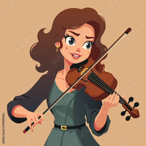 Enthusiastic young woman joyfully playing violin with musical passion against plain backdrop