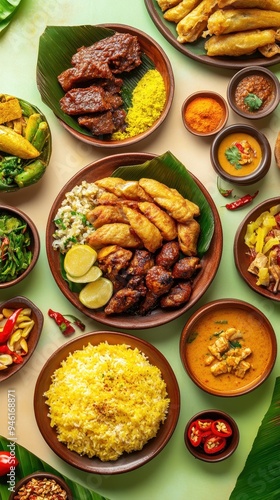 Wallpaper Mural An inviting display of various traditional Indonesian dishes showcasing rice, grilled meats, and vibrant vegetables arranged on leaf plates Torontodigital.ca