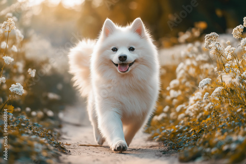 Cute dog walking in the garden.