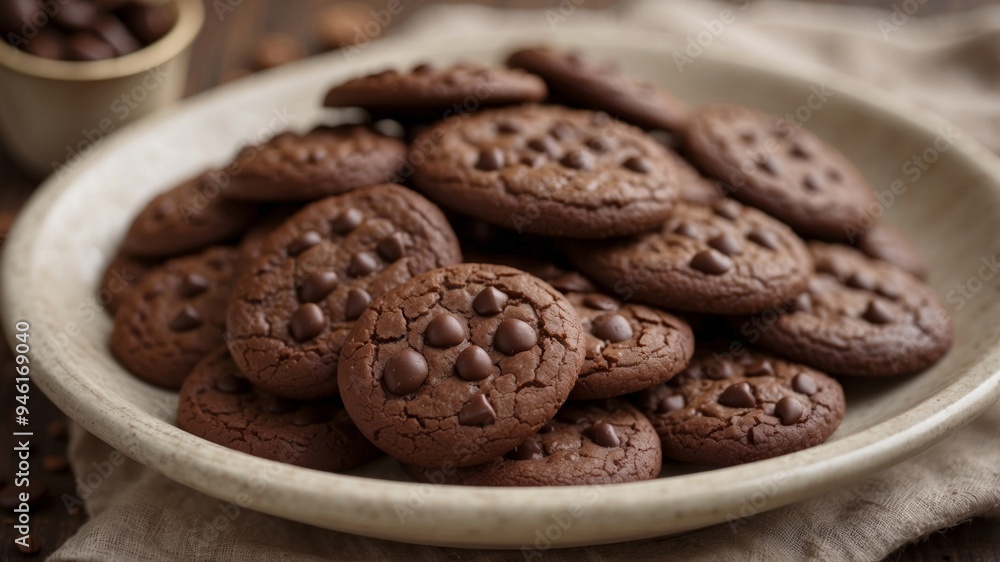 Fototapeta premium Rustic chocolate cookies in a ceramic bowl with natural lighting.