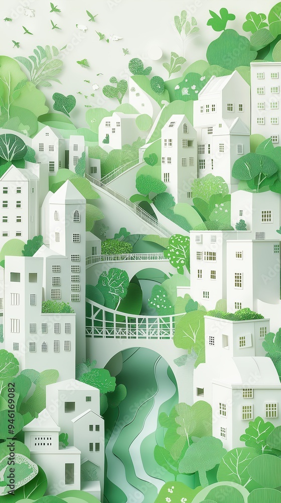 Paper Art of a Serene Hillside Village with Lush Greenery and Bridges, Eco-Friendly Urban Design Concept Paper Art of a Serene Hillside Village with Lush Greenery and Bridges, Eco-Friendly Urban Design Concept