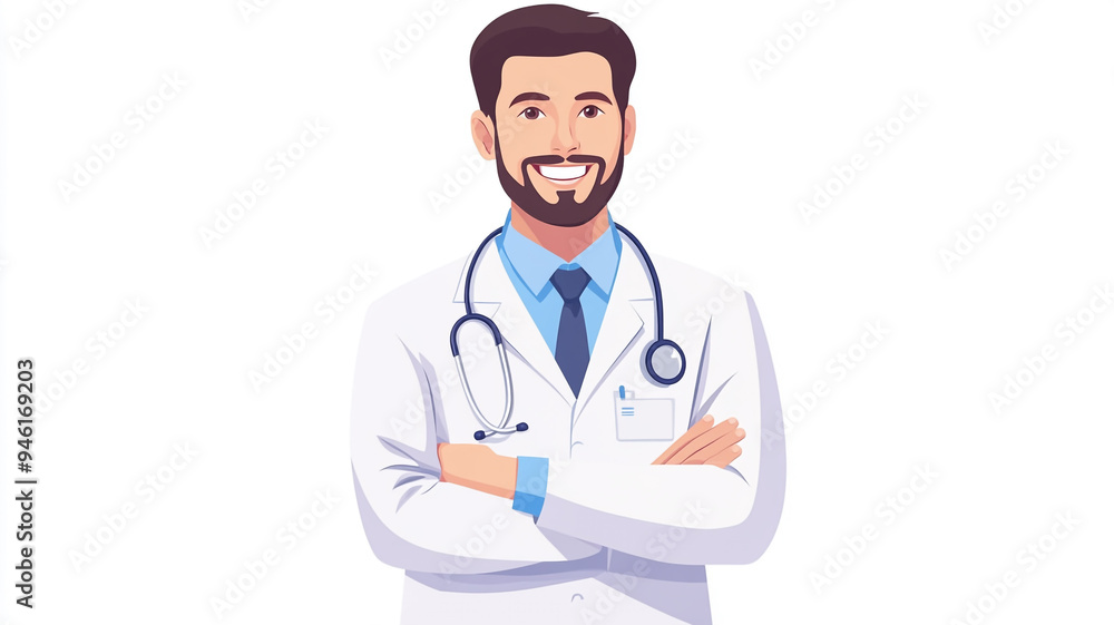 Professional male doctor smiling with arms crossed in a white lab coat, showcasing healthcare commitment and compassion
