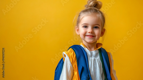 Pequeña niña en un fondo amarillo con material escolar