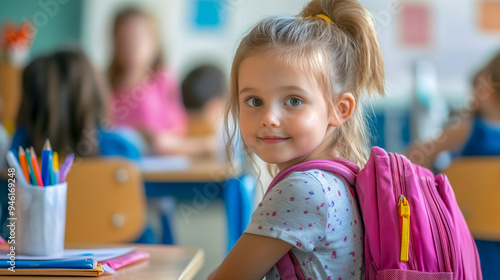 Niña con mochila en su primer día de la vuelta al cole sentada en su pupitre de clase photo