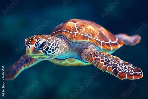 A sea turtle swims in the blue transparent water of the ocean.