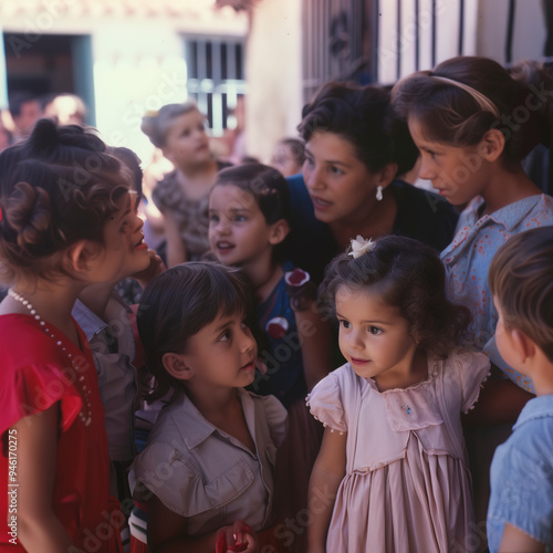 Foto antigua de profesora con sus alumnos en España
