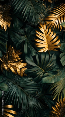 Tropical green and gold leaves forming stylish jungle pattern