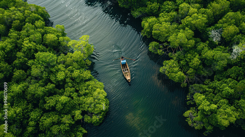 A small boat navigating through a narrow, hidden waterway in a mangrove forest, with dense greenery and wildlife all around, offering a unique, off-the-beaten-path experience