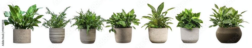 An assortment of various houseplants in ceramic pots on a transparent background. Exotic houseplants arranged on a white shelf on a white wall. An assortment of various houseplants in ceramic pots on a transparent background. Exotic houseplants arranged on a white shelf on a white wall.