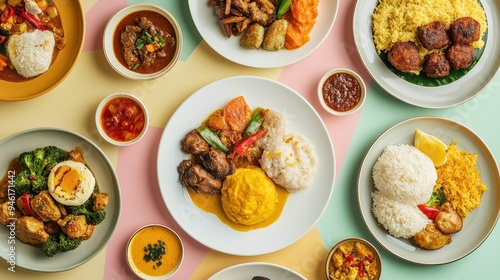 Wallpaper Mural A colorful spread featuring a variety of Indonesian dishes, including rice, meats, vegetables, and savory sauces presented on plates Torontodigital.ca