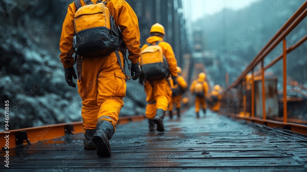 A team of construction workers clad in orange safety gear walks along a temporary walkway amidst rugged terrain, highlighting the challenging conditions faced during bridge construction. A team of construction workers clad in orange safety gear walks along a temporary walkway amidst rugged terrain, highlighting the challenging conditions faced during bridge construction.