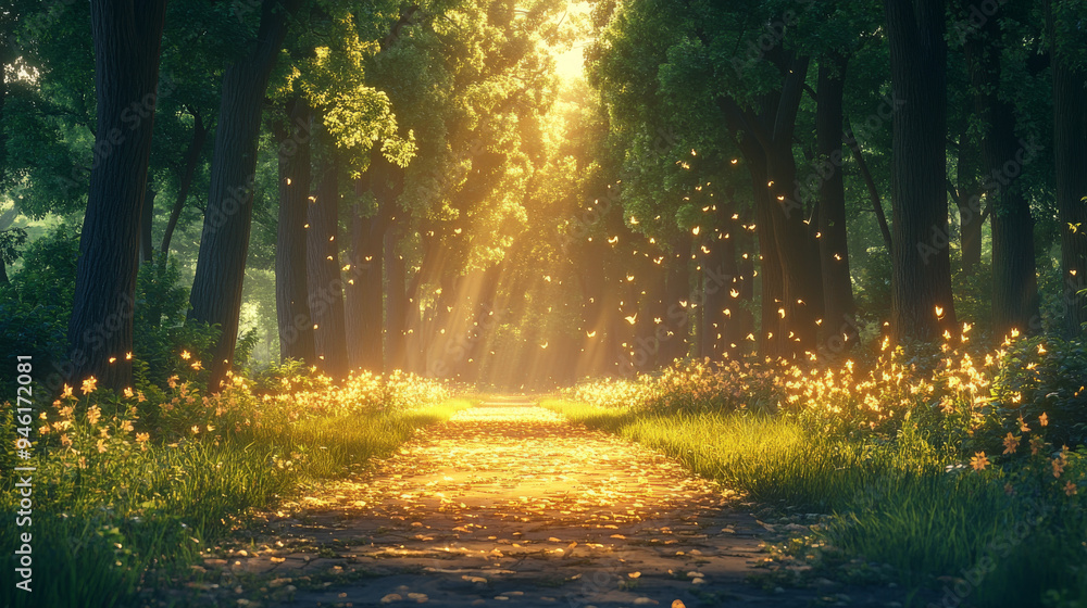 A path through a forest with sunlight shining through the trees A path through a forest with sunlight shining through the trees