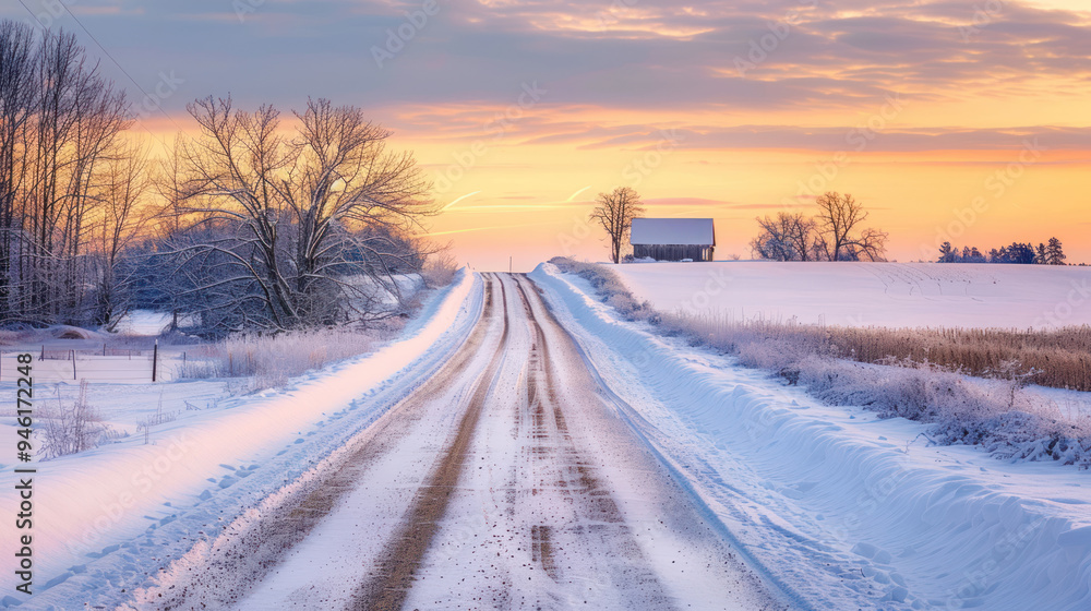 A rural road leading to a wooden cabin in the distance, with snow-covered fields on either side, and the sky a soft pastel as the sun sets on a winter evening