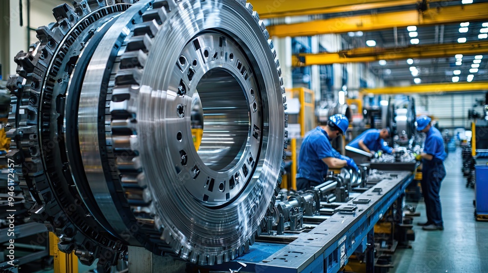A team of workers putting together parts of a large industrial machine in a factory setting. A team of workers putting together parts of a large industrial machine in a factory setting.