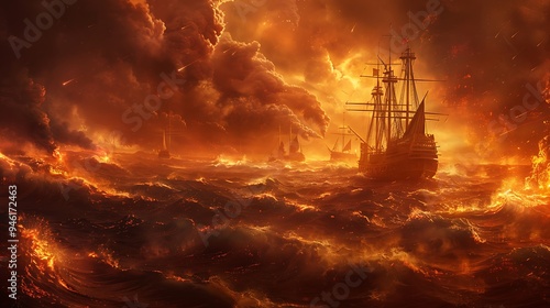 Sea of fire with waves of molten lava and burning ships, doomed souls struggling to stay afloat, chaotic and terrifying photo