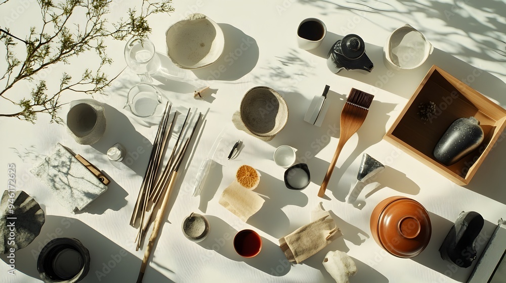 Fototapeta premium Harmonious and dynamic arrangement of common household items and essentials displayed against a clean minimalist white background
