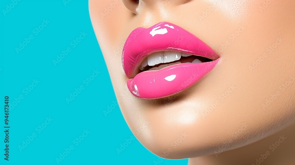 A woman with a pink lip is shown with a blue background. Concept of beauty and confidence, as the woman's lips are the focal point of the picture A woman with a pink lip is shown with a blue background. Concept of beauty and confidence, as the woman's lips are the focal point of the picture