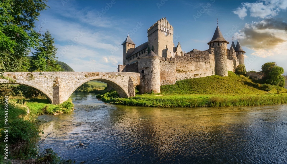 Castillo medieval a los pies de un rio bravo, y un puente medieval cruzando el río Castillo medieval a los pies de un rio bravo, y un puente medieval cruzando el río