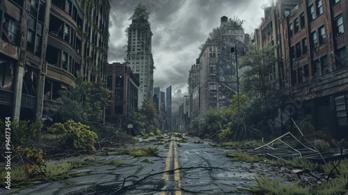 A road through a post-apocalyptic urban landscape, leading to an abandoned skyscraper, with broken windows and vines creeping up the sides, the sky dark and foreboding