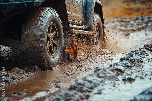 Off road vehicle coming out of a mud hole hazard, mud and water splash in off-road racing
 photo