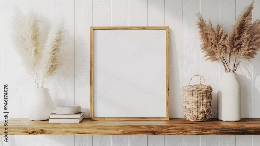 Minimalist wooden frame mockup positioned neatly on natural wooden shelving in a warm inviting Scandinavian inspired living space with white walls and a cozy serene atmosphere Minimalist wooden frame mockup positioned neatly on natural wooden shelving in a warm inviting Scandinavian inspired living space with white walls and a cozy serene atmosphere