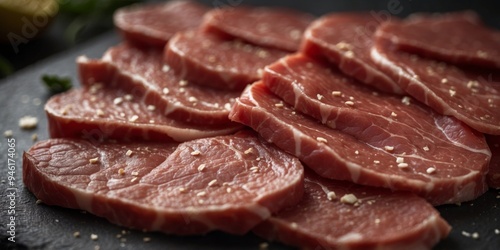 Savory marinated raw beef slices ready for grilling. photo